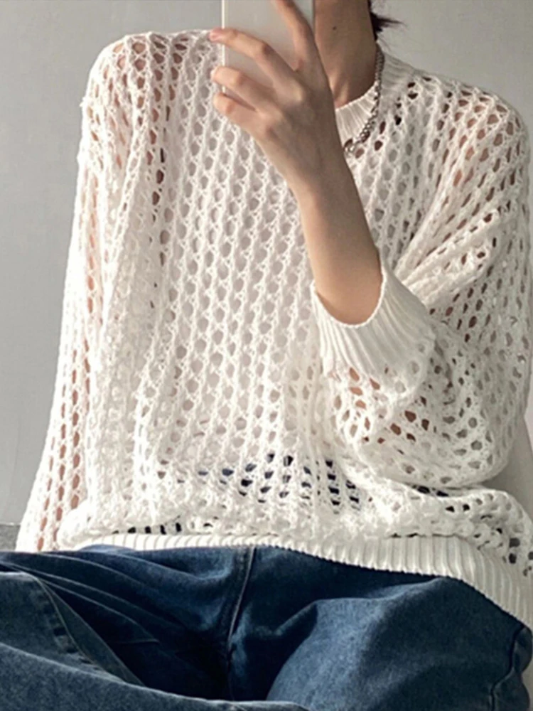 Loose Fishing Net Long Sleeve Female Top 2023 Street White Lady Pullovers Tops Hollow Out Knit T-shirt Women Sweater Y2K Casual