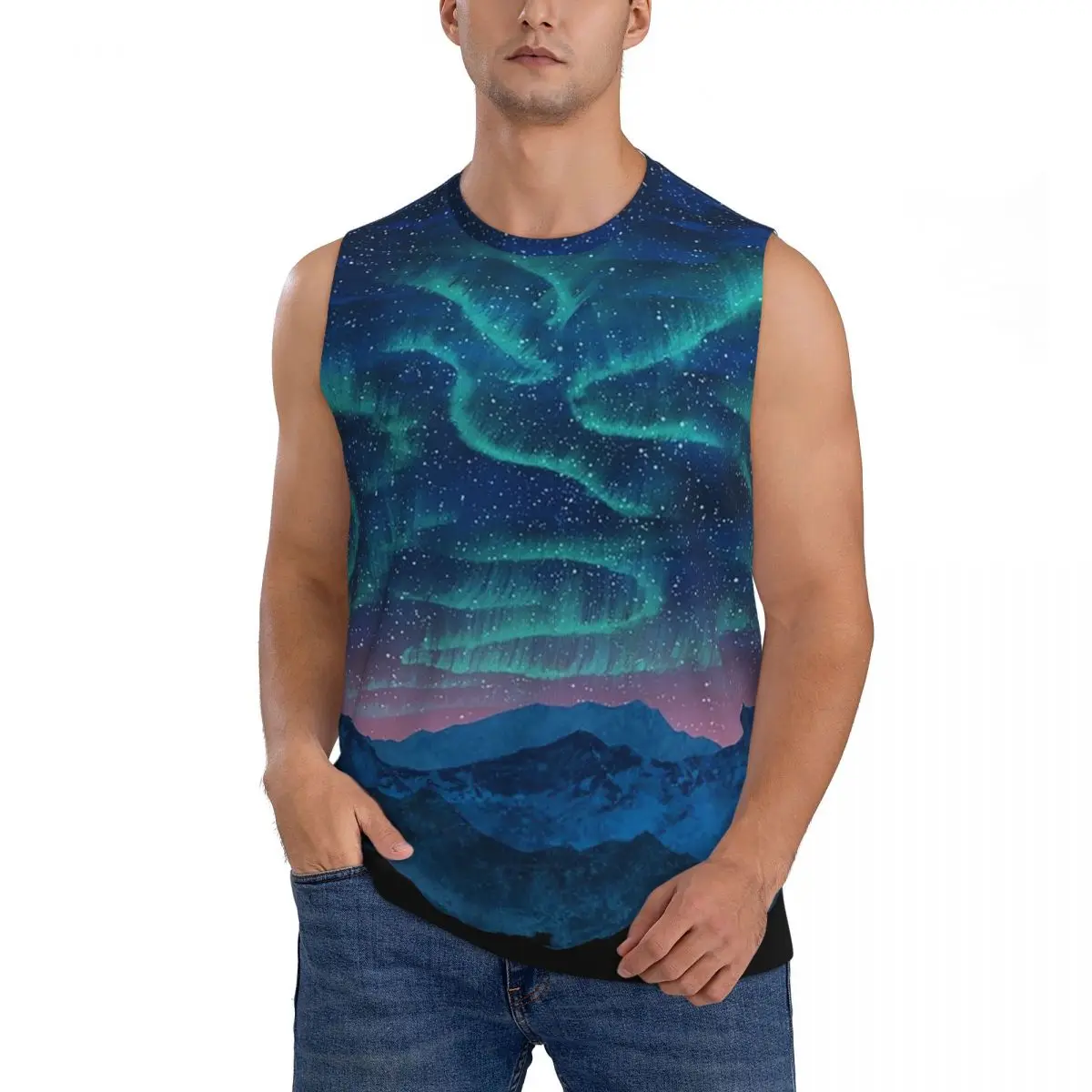 Aurora Borealis Over Mountain Men Sleeveless Tank Tops Quick Dry Breathable Gym Fitness Running Summer Casual Sport Vest