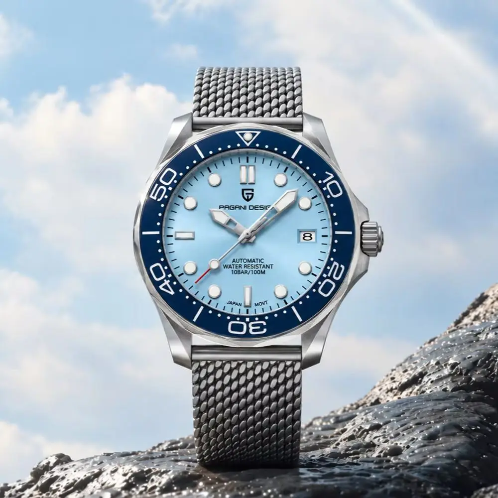 PAGANI DESIGN 2026 New Men's Diving Watches Ice Blue Sunburst Dial Automatic Watch For Men Sapphire crystal Mechanical Watch Men