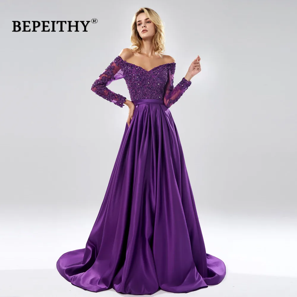 BEPEITHY Customized Robe De Soirée Femme Off The Shoulder A line Evening Dress Full Sleeves Purple Lace Bodice Prom Dresses 2023