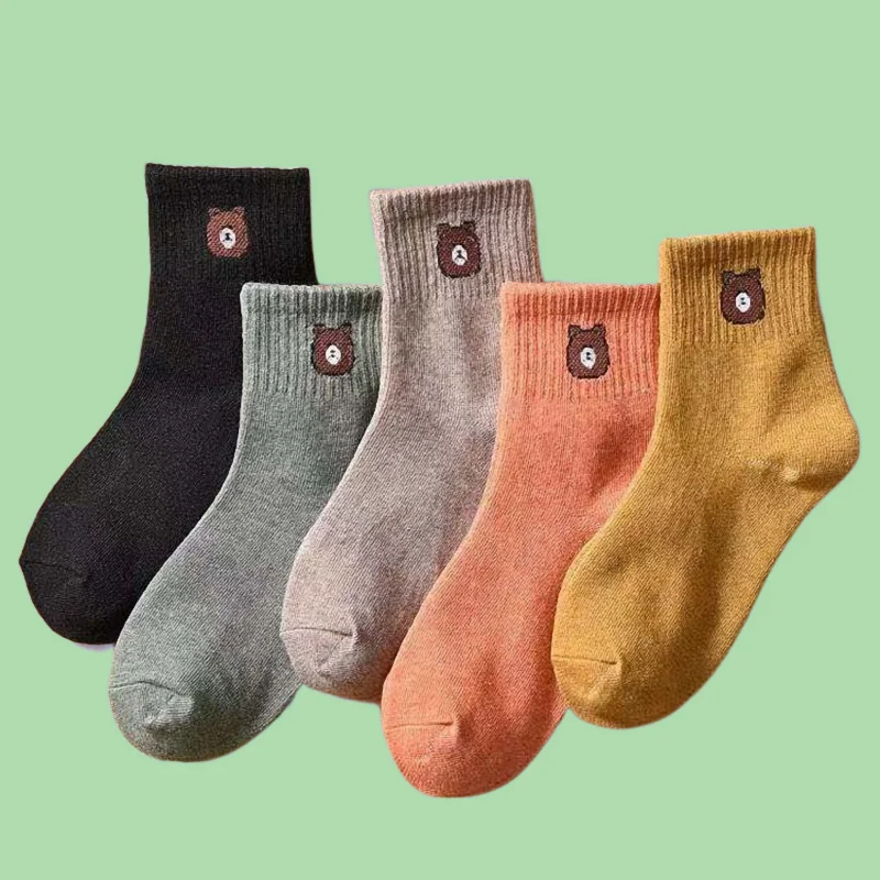 

5/10 Pairs New Women's Mid-Tube Bear Casual Socks Autumn And Winter Cute Japanese Style Solid Color Cotton Socks Short Socks