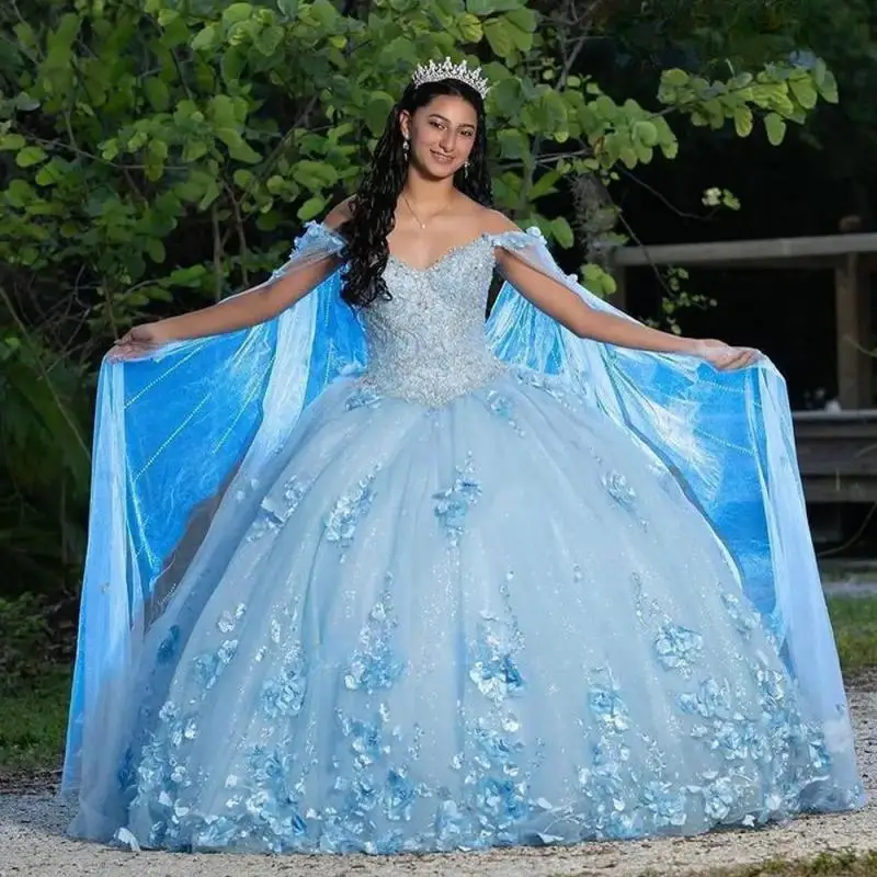 Sky Blue Off The Shoulder Lace Appliques Ball Gown Quinceanera Dresses With Cape Handmade Flowers Vestido De 15 16 Anos