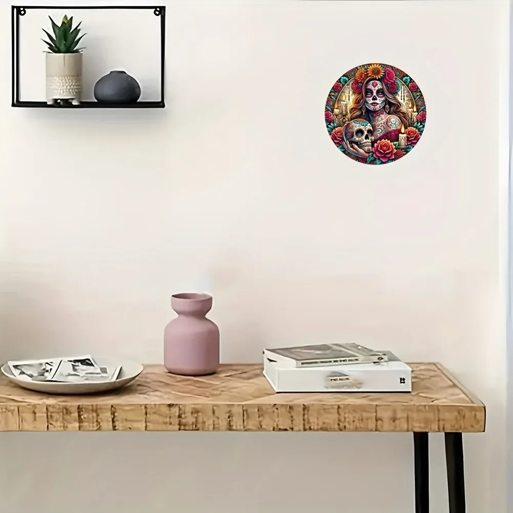 1pc 8-Inch Round Frameless Iron Wall Art - Traditional Mexican Sugar Skeleton Design, Vintage 2D Metal Sign, Ideal for Home/Bar view 5