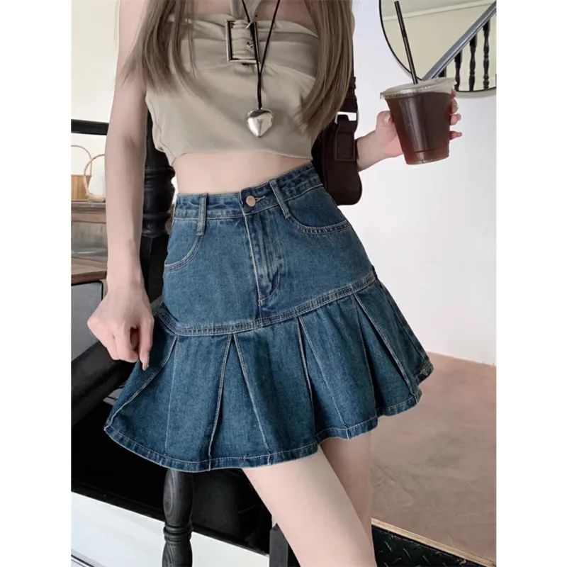 High-Waisted Pleated Denim Skirt Retro Punk Style Shorts Skirt Female Elegant Ruched Dress Lady Blue A Line Mini Wrap Hips Skirt