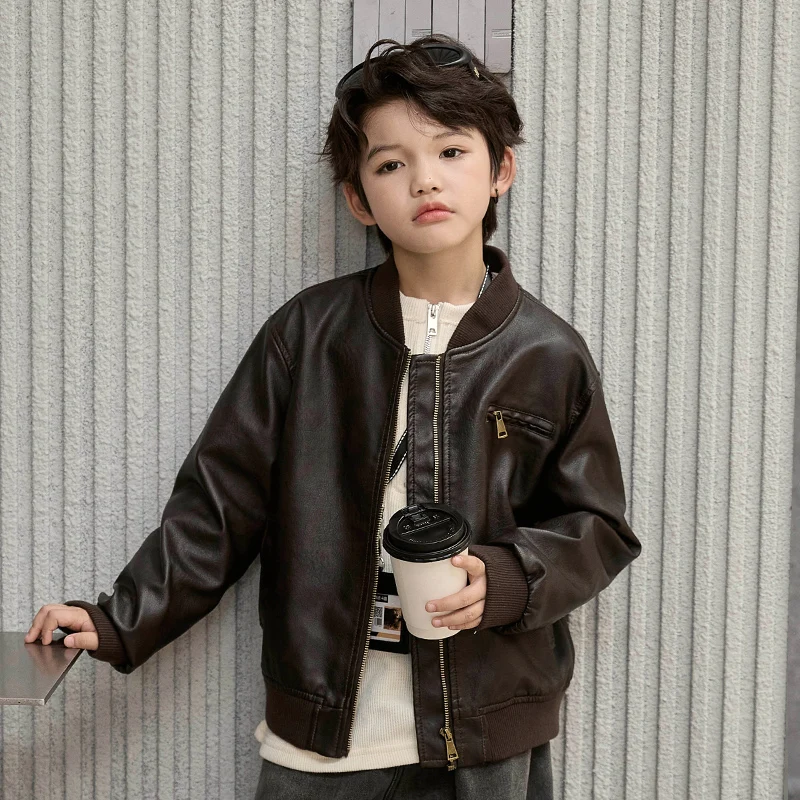 

Boys' Jacket Autumn Children's Clothing Leather Jacket Handsome Boys Round Neck Motorcycle Jackets Waterproof PU Jacket RM112