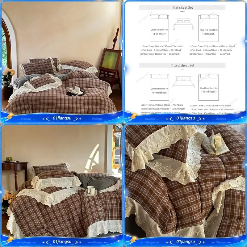 Vintage Plaid Floral Lace Ruffle Bedding Set 100% Cotton Double Layer Gauze Duvet Cover Flat Fitted Sheet Pillowcase 4Pcs