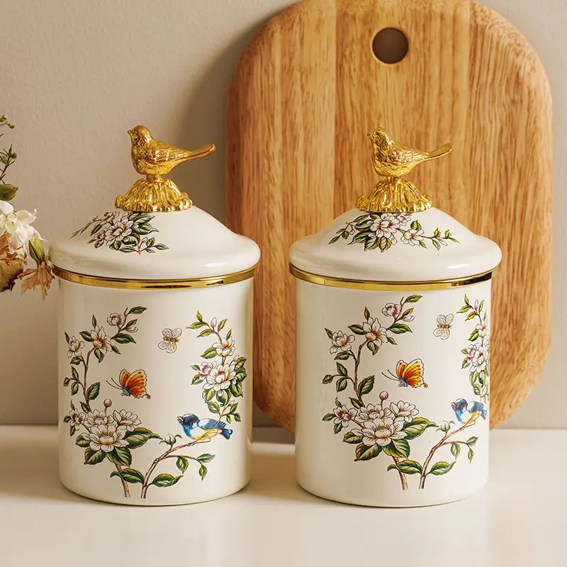 

Creative Enamel Storage Jar with Lid for Tea Coffee Beans Candy Food Storage Home Decor Luxury Kitchen Container Household Items