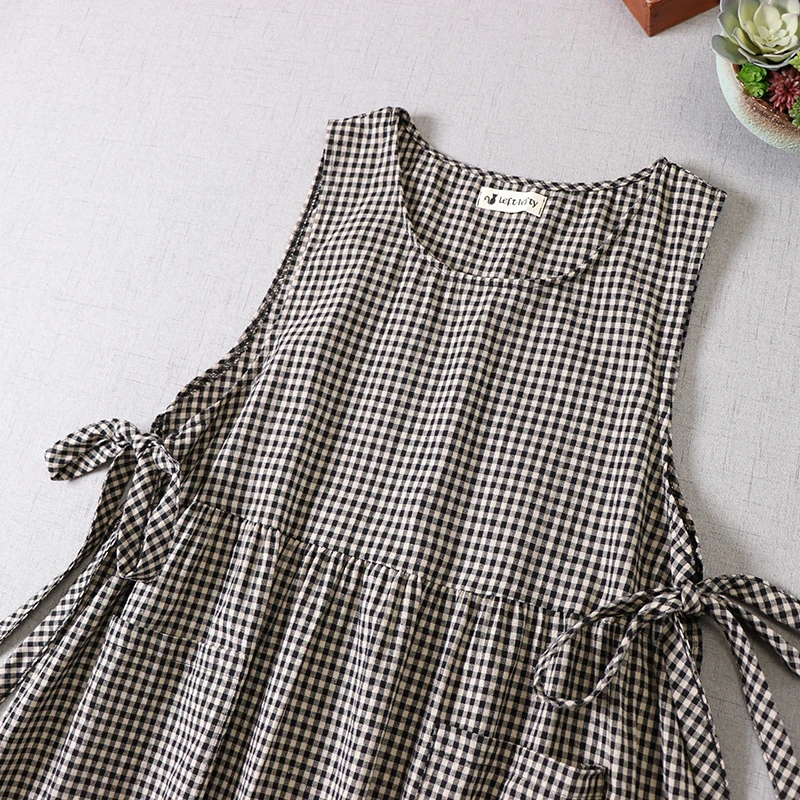 Vestido sin mangas de lino y algodón a cuadros para mujer, vestido Midi suelto informal, cuello redondo, vestido de vendaje sin mangas, Vintage, chica Mori japonesa