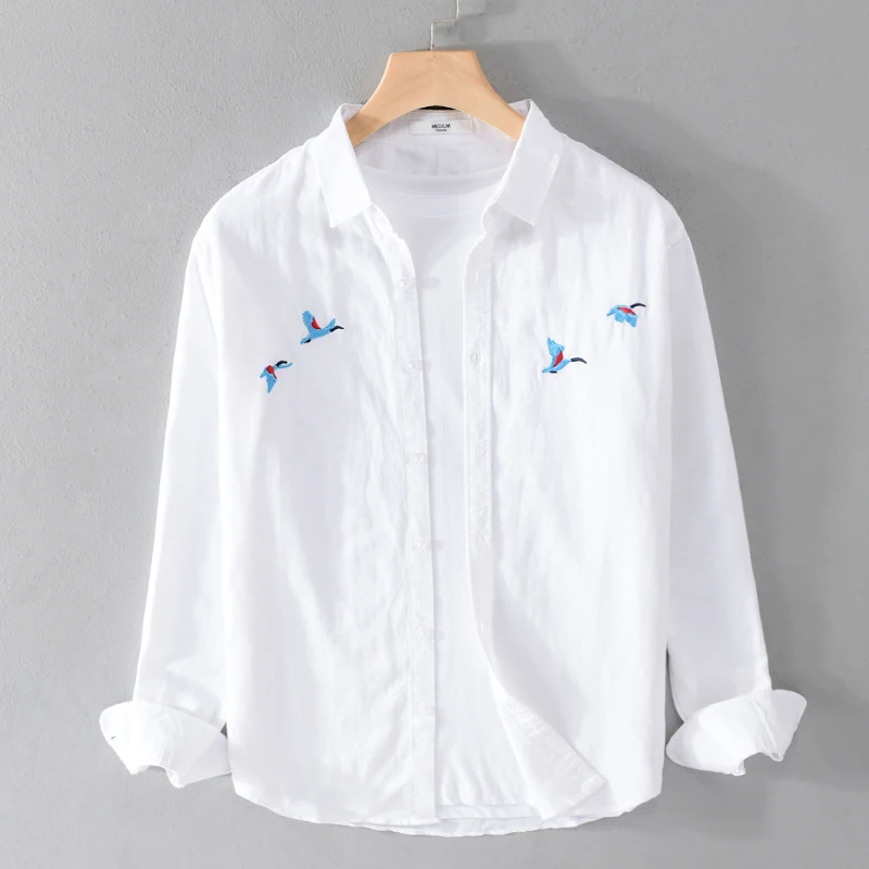 Designer New Embroidered Long Sleeve Casual Brand Shirt Men Cotton And Linen Trend Top Clothing Chemise Camisa Masculina