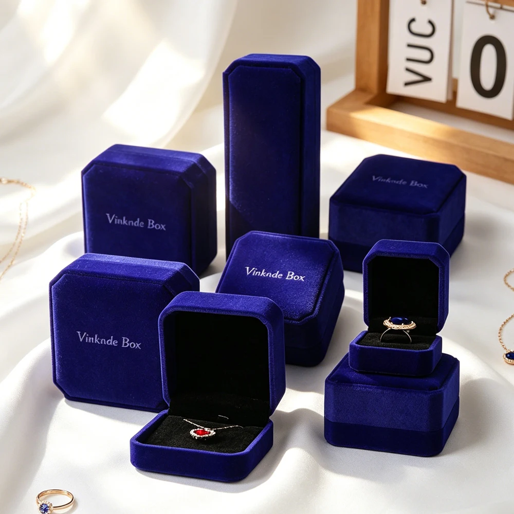 

10Pcs Custom Logo Navy Flannel Jewelry Organizer Case Ring Bracelets Necklace Pendants Earrings Box Velvet Packaging Gift Boxes