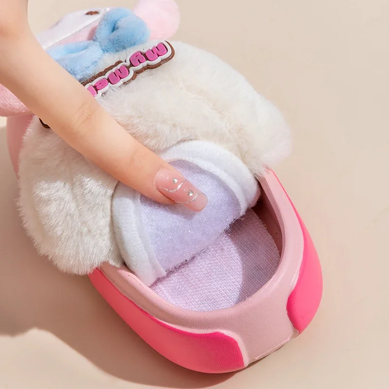 Sanrio Hello Kitty Home Fuzzy Slipper Cartoon Kuromi Cinnamoroll Yk2 Women Winter Plush Non Slip Slippers Girl Cute Flat Shoes