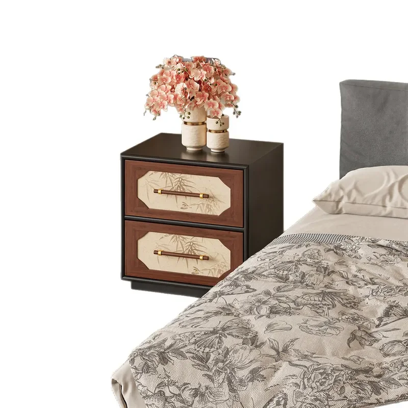 Medieval Bamboo Leaf Solid Wood Nightstand Small Bedroom Storage Cabinet Textured Designer Side Table for Apartment