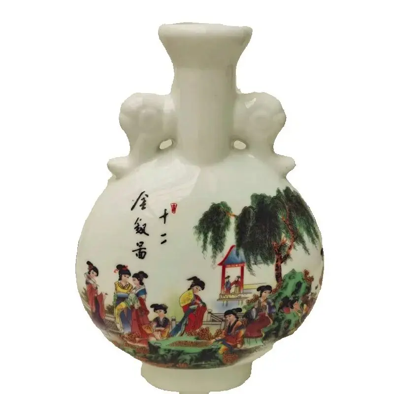 

Antique Pink Porcelain Flat Vase with Ancient Ladies' Patterns China Decorative Ornament for Home Decor