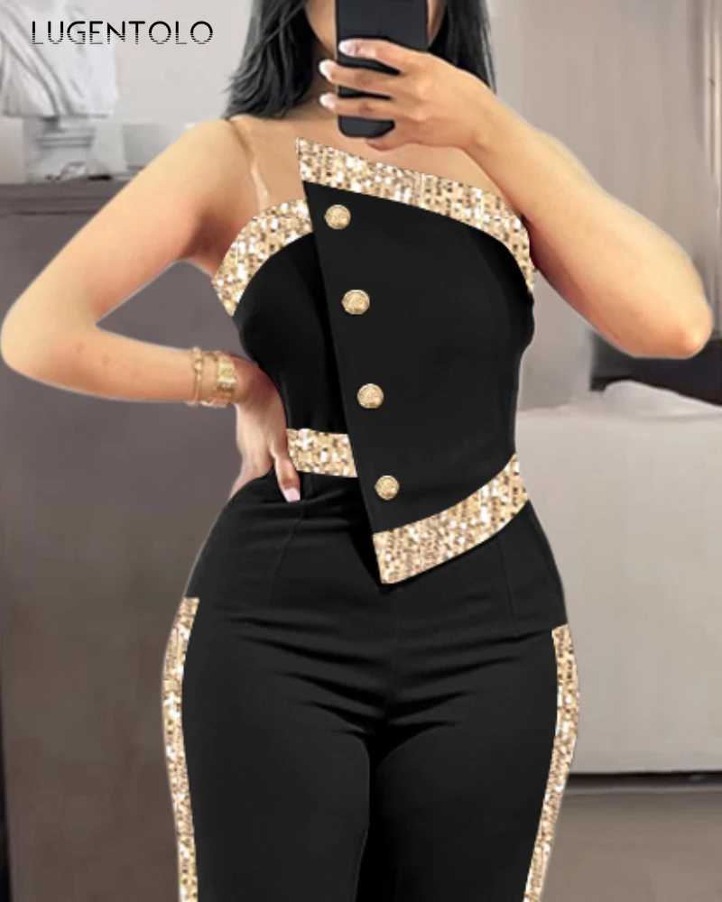 Women Contrast Sequin Jumpsuit Sexy Strapless Jumpsuits Lady Elegant Party 2025 Button Decor Casual Wide Leg Rompers