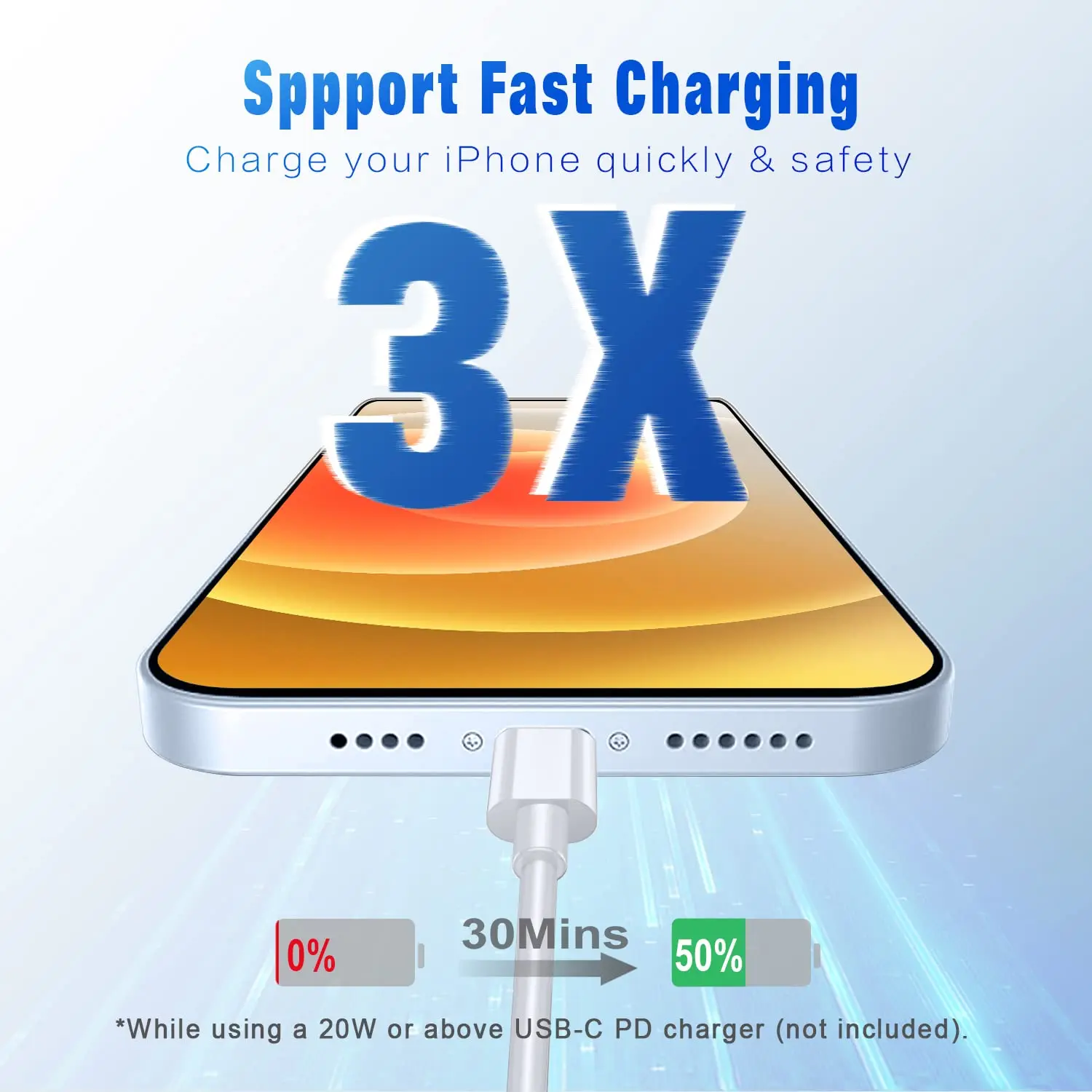 1M/2M/3M Fast Charging C to L Cable Cord for iPhone iPad 3FT/6FT/10FT