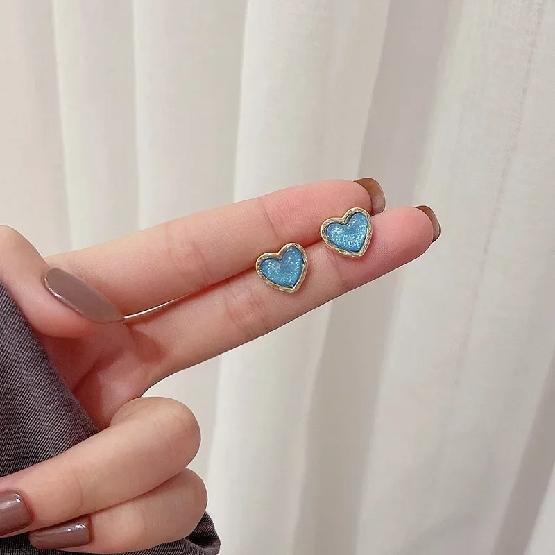 Blue Resin Heart Earrings for Women Girls Korean Small Cute Stud Earrings Wedding Party Fashion Jewelry Wholesale Gift