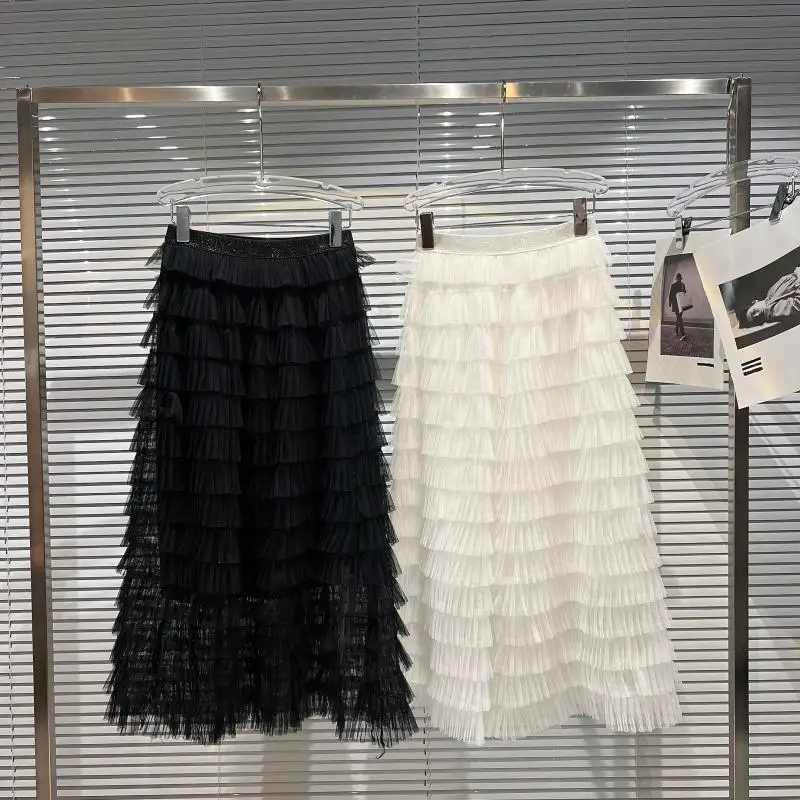 Spring  Sweet Sle Midi A-Line Skirt Pure Color Me Multi-Layer Elastic Waist f Body Skirt Fairy T Sle Women's ...