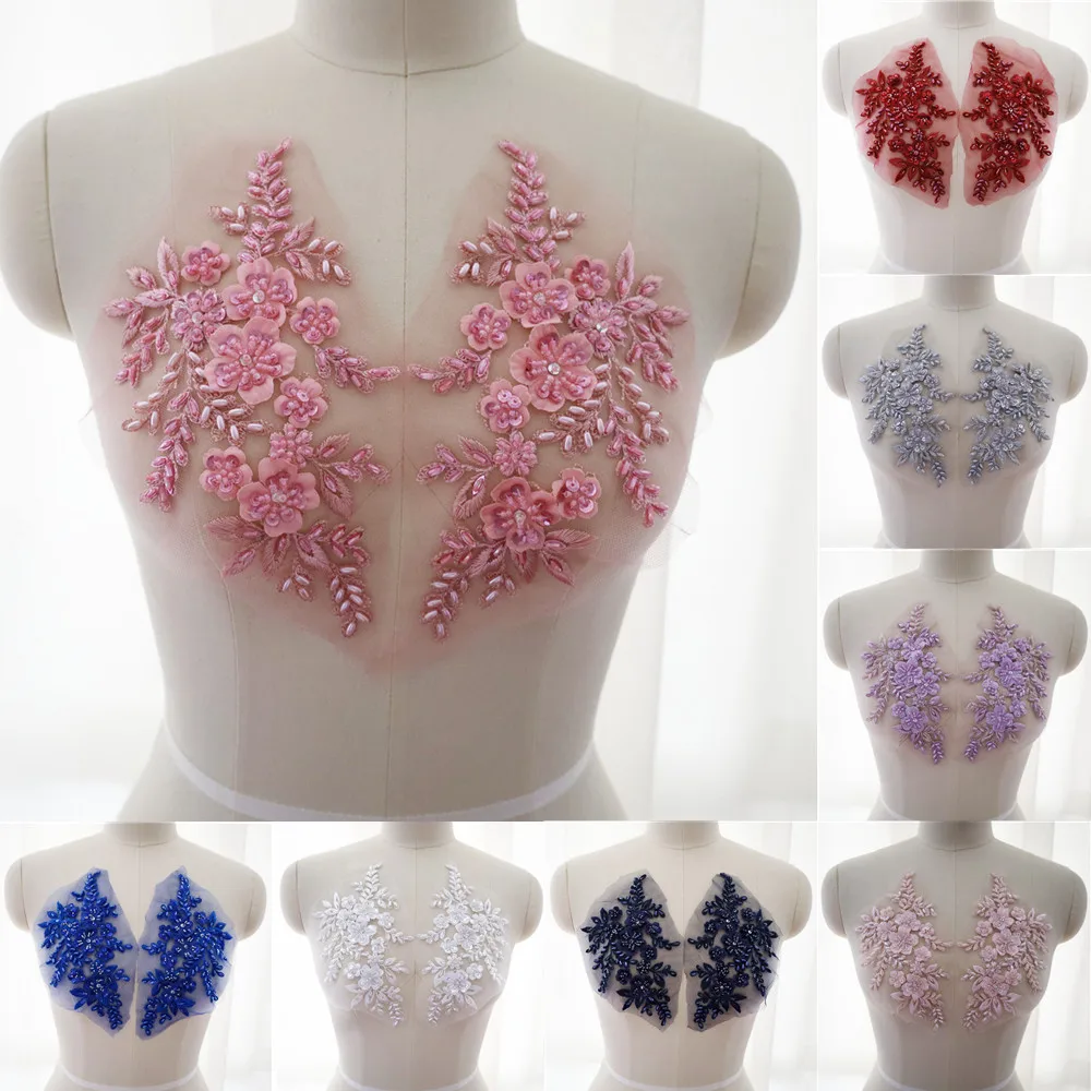 2Pcs Sequin Embroidered Beads 3D Flower Applique Lace Fabric Collar Sew Patch Wedding Bridal Gown Clothes Dress Decor DIY Crafts