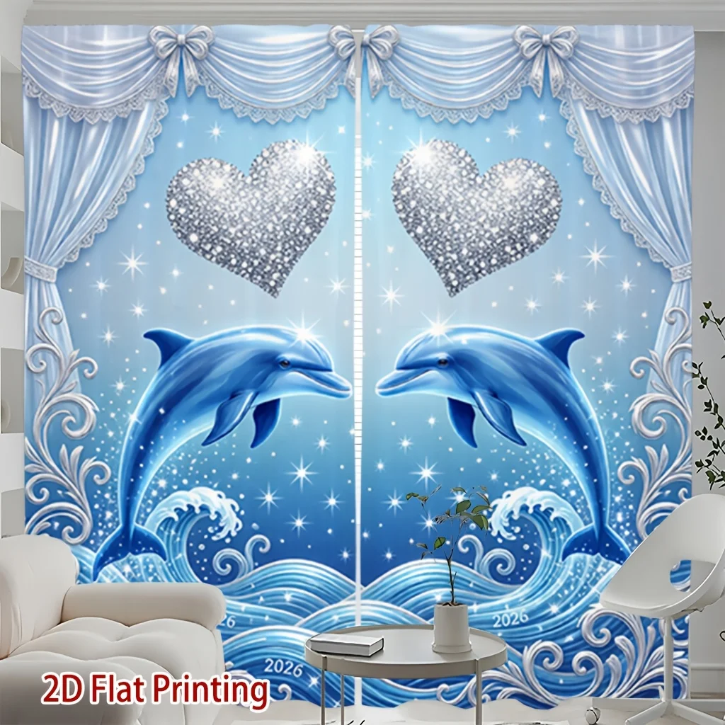 Dolphin Heart Curtain Panels, Cute Dolphins Glitter Silver Hearts Ocean Wave Bow Lace Print Drapes for Sweet‑Style Bedroom Home