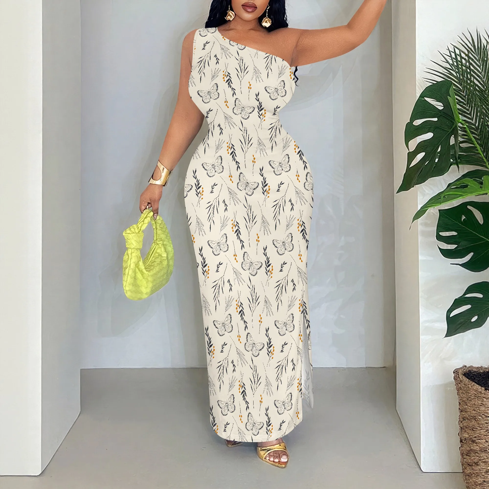 

Butterfly Print One Shoulder Maxi Dress, Sleeveless Ruched Bodycon Gown, Summer Boho Vacation Party Wear for Women, S-2XL