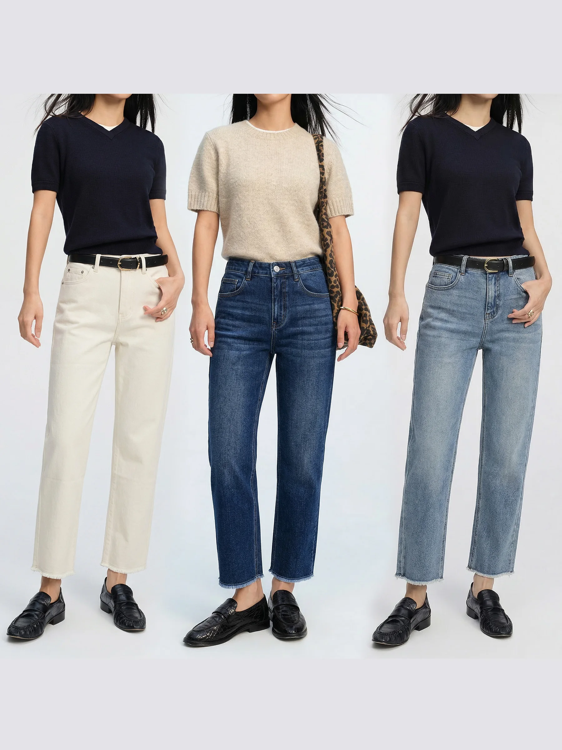 

DotDrobe Women's Slimming Straight Leg Jeans Elastic Fabric Frayed Hem French Bread Design l Waist Zipper Closure