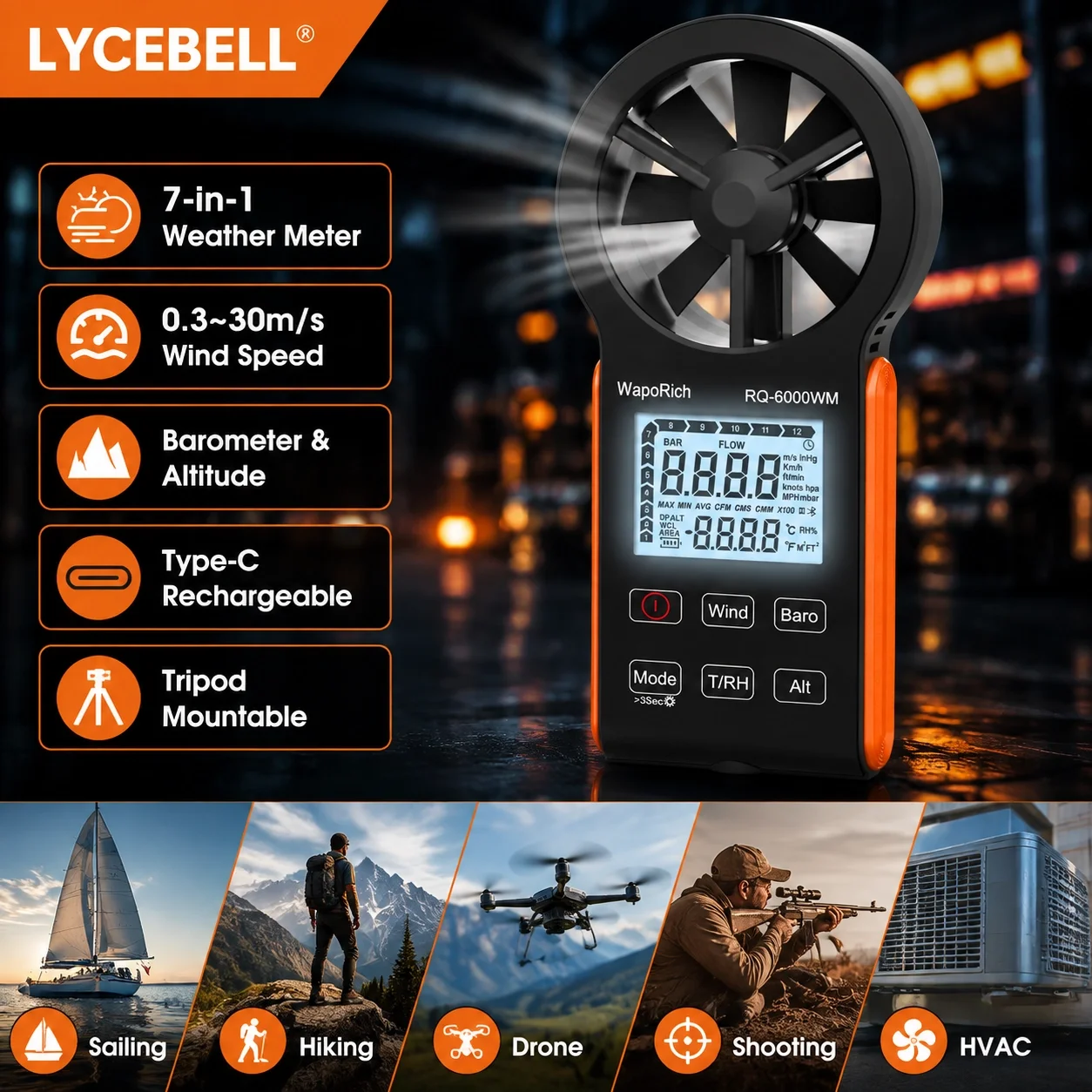 HoldPeak 6000WM Weather Meter 6-in-1 Anemometer Barometer Altimeter Temp Humidity Wind Chill 0.3-30m/s Backlight