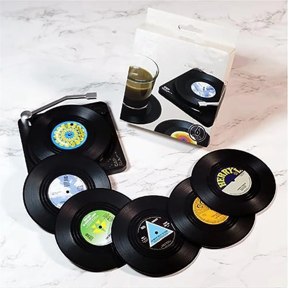 Creative Drink Coasters Set of 6 Vintage CD Coasters Vinyl Records for Music Lovers, Housewarming Hostess Gifts Style 2