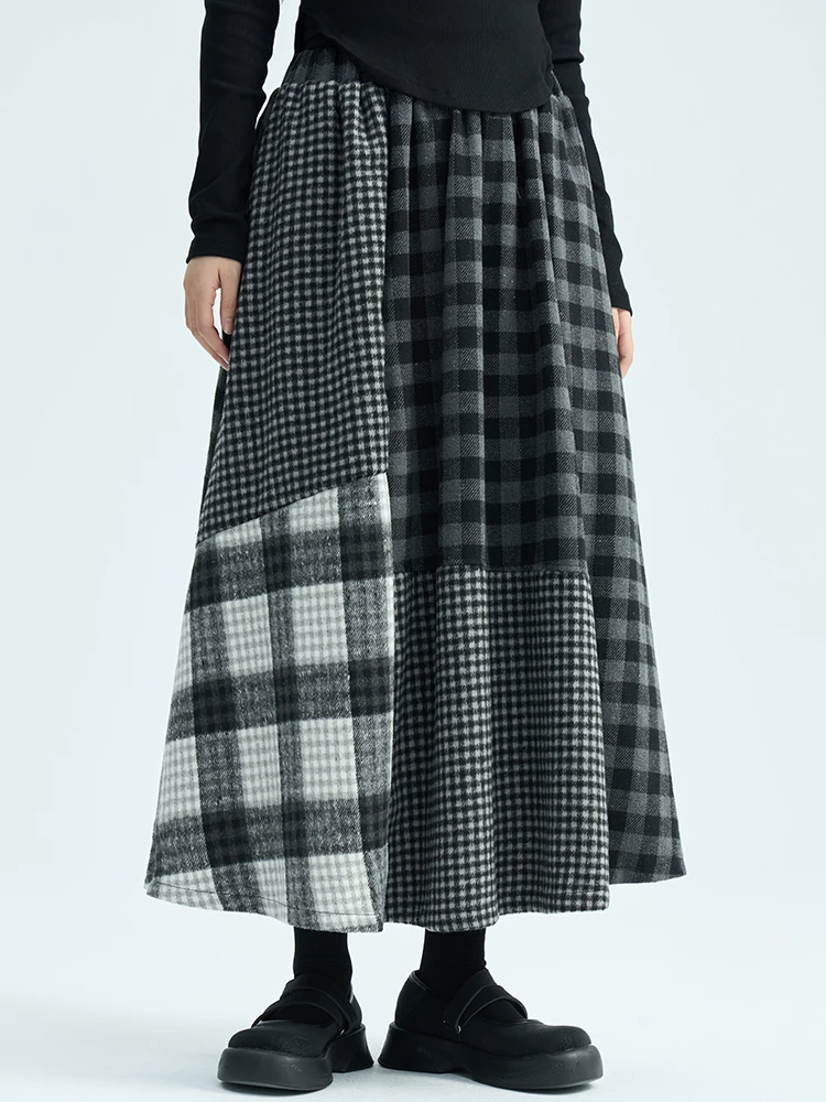 Land And Mountain Island Original Dark Woolen Plaid A-Line  Skirt Women's Pleated Black Versatile Skirt High Waist Casual...