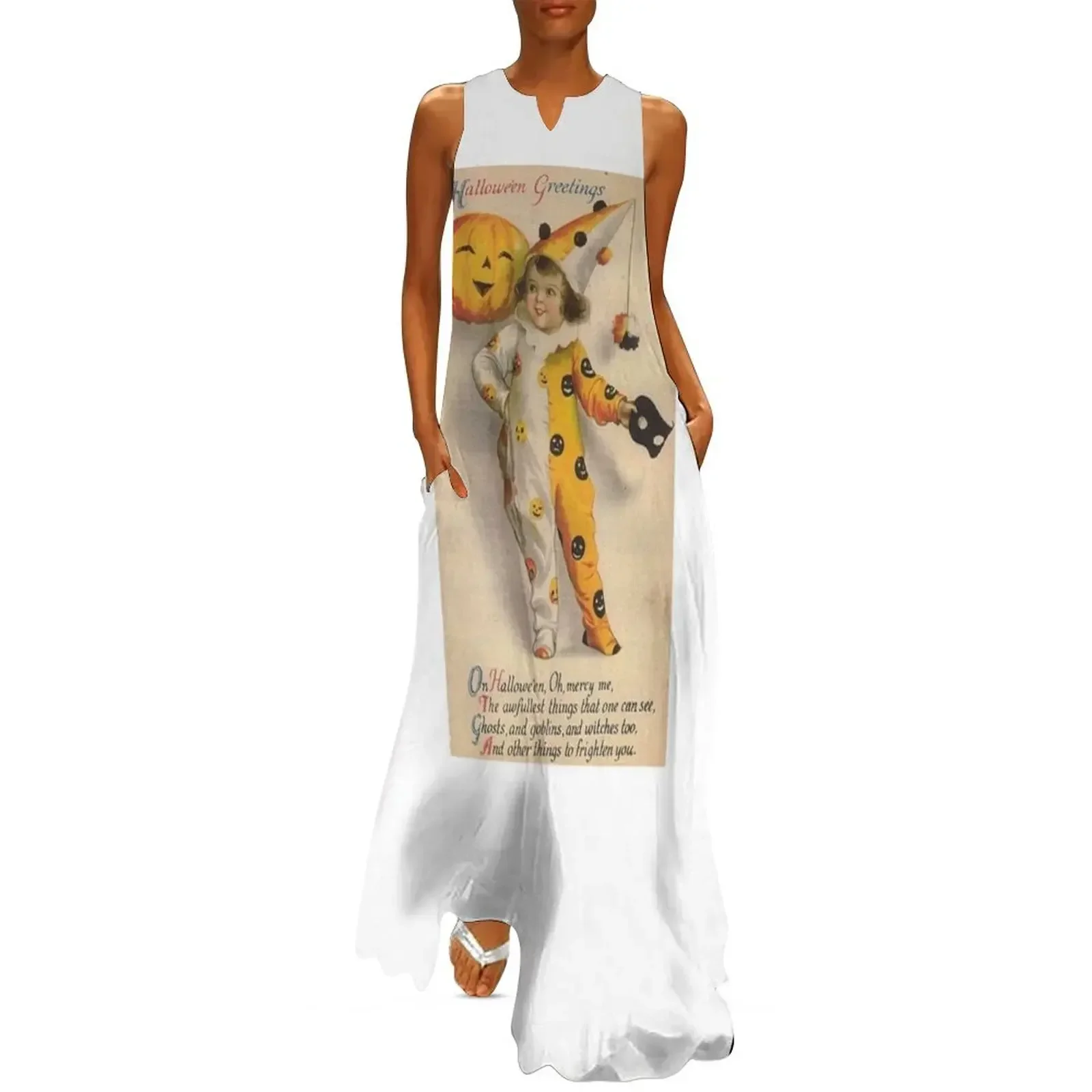 

Vintage Halloween Greetings Card With a Child In a Costume and a Jack o Lantern Pumpkin Long Dress Elegant gowns Dress