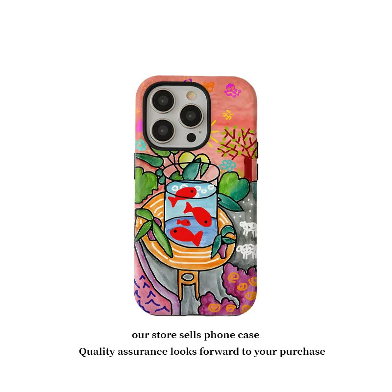 Oil Painting Style with Fish Every Year Cute Phone Case for IPHONE 16 15 14 13 12 11 Acrylic TPU Two in One Mobile Phone Cases