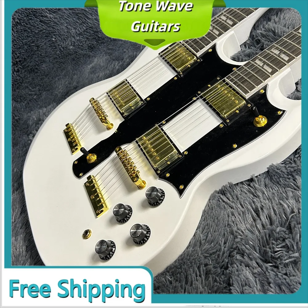 

white Double Ended SGSS Electric Guitar with 6+12 Strings Gold pieces Humbucker Pickups 20 Frets Rosewood Fingerboard Rock Blues