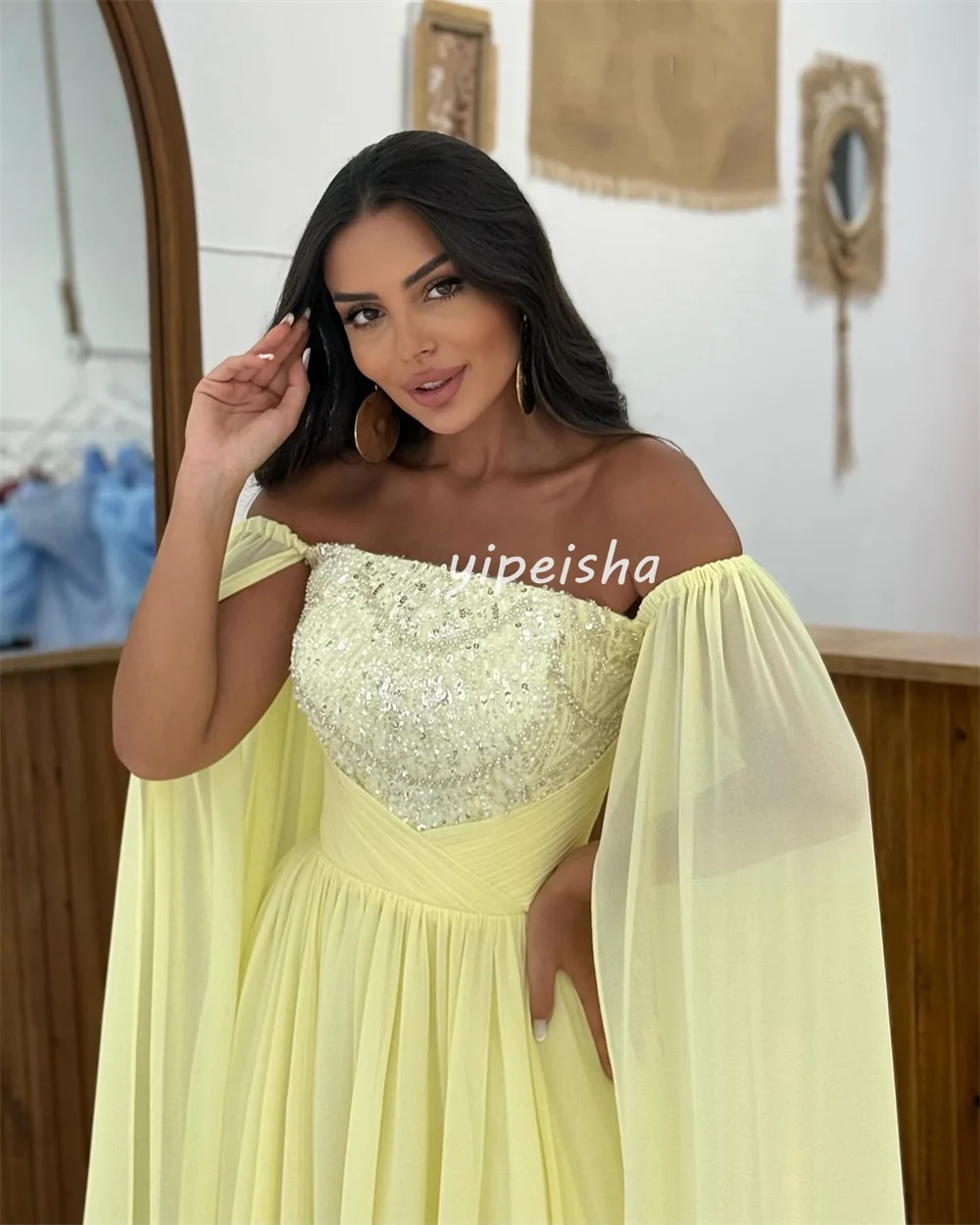 맞춤형 현대 스타일 패션 쉬폰 스팽글 구슬 스트레이트 오프 숄더 롱 드레스 맞춤형 행사 드레스 클래식