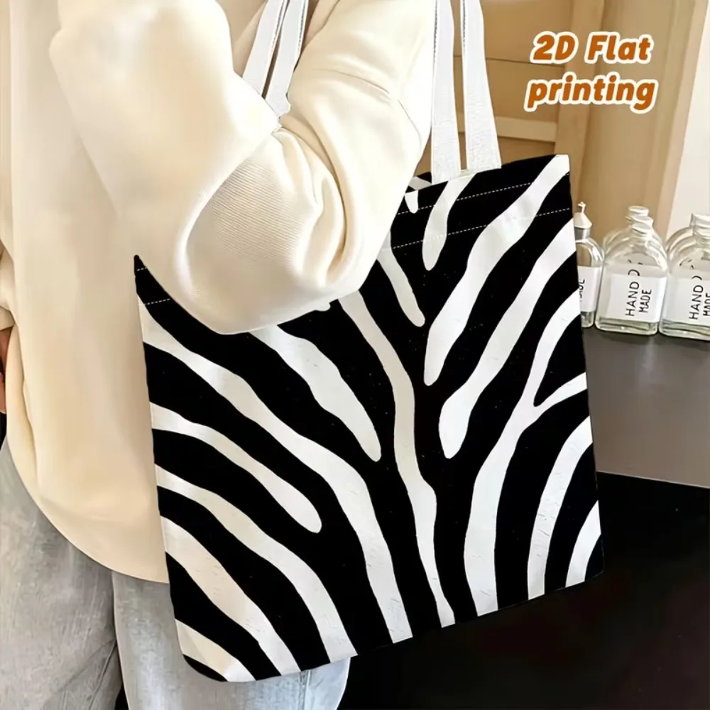 Classic Black White Zebra Stripe Canvas Tote Bag Animal Print Fashion Casual Shoulder Bag Women Large Capacity Shopping Handbag