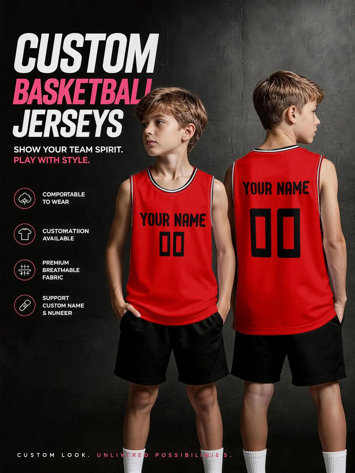 Solid‑Red Contrast Collar Custom Basketball Jersey, Breathable Mesh With Personalized Prints