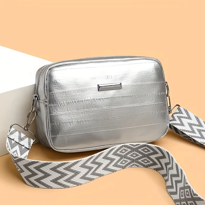 Everyday Trendy Shiny Quilted Crossbody Bag Decor Wide Strap Simple Square Bag for Commute Short Weekend Trips