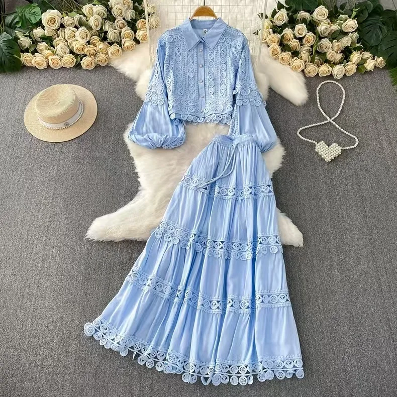 Women Two Piece Sets Skirt Set Turn Down Collar Lantern Sleeve Tops Lace Spliced Long Skirts A Line High Waist Elegant Work 2026