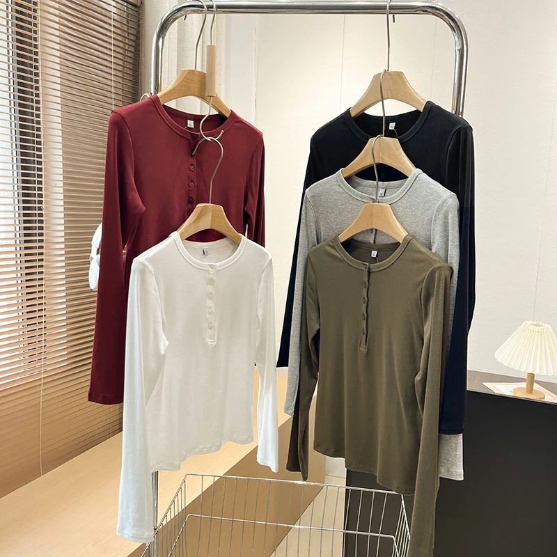 Capa Base versátil irt Henry Collar f frente abierto acanalado elástico ajustado largo Sve camiseta mujer otoño Casual Sle