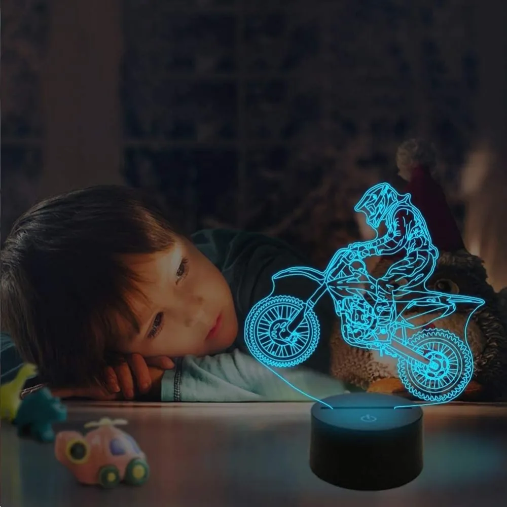 Veilleuse LED moto USB, lampe 3D, lampe de bureau, décoration de chambre, lampe de table pour enfants, cadeaux d'anniversaire, 7 documents