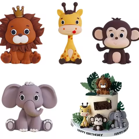 Forest Animals Cake Decorations Cartoon Lion Giraffe Monkey Elephant Cupcake Topper Jungle Safari Baby Kids 1 2 3 Birthday Deco