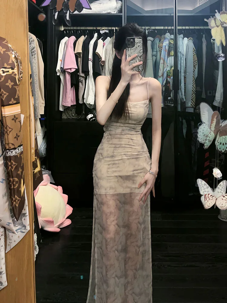 

Sexy Strive Umei Beach Vacation Floral Print Wrap Skirt Spring Summer 2026 Women's Mid-Length Sleeveless Gown Korean Style
