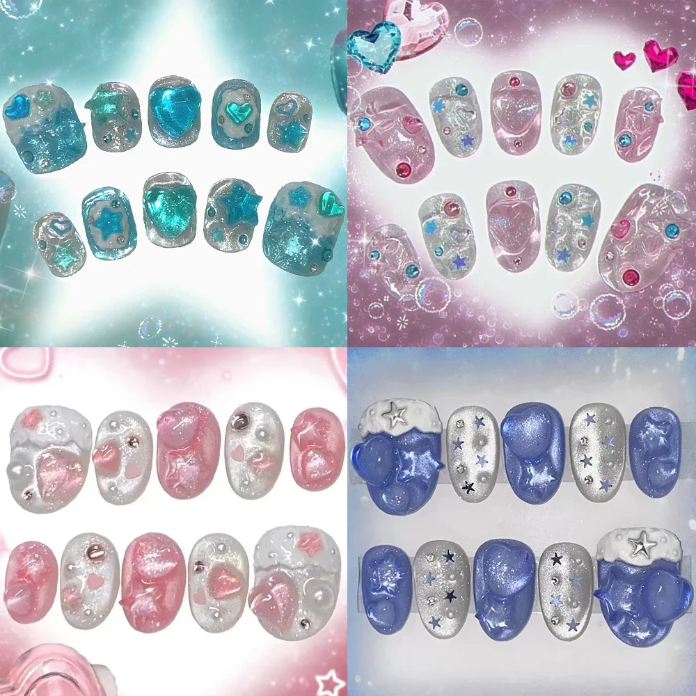 

10Pcs Y2K Kawaii Dopamine Cat Eyes Handmande Short Press On Nails Shining Stars Love Pearls Diamonds Wearable Full Cover Nail