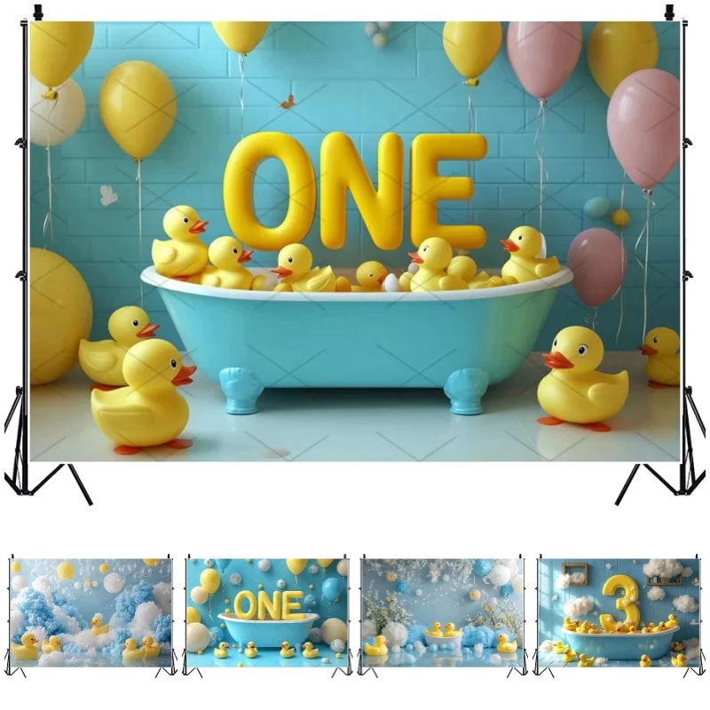 Hintergrund für die Erstgeburtstagsfeier eines Neugeborenen für Fotografie, Badezimmer, Badewanne, kleine gelbe Ente, Babyparty, Fotohintergrund, Dekoration