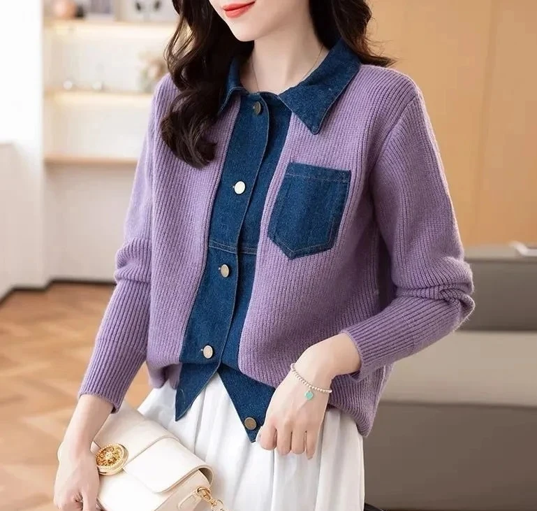

Autumn Winter Fashion Cowboy Splicing Simplicity Women Knitted Cardigan Sweater Jacket Versatile Flip Collar Ladies Top