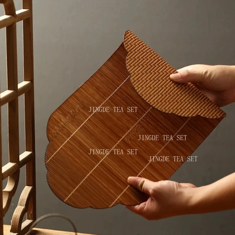 Scalloped Edge Bamboo Tea Mat Double Sided Use Woven Bamboo Tea Pad Foldable Heat Insulation Table Runner Gongfu Tea Ceremony