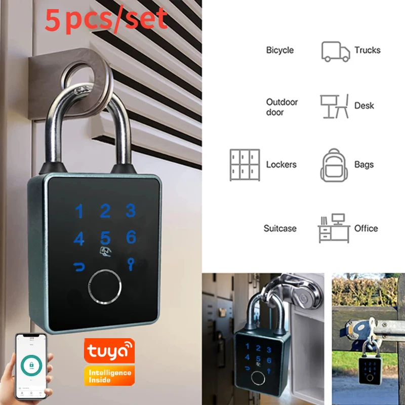 

5pcs/set Tuya Smart Padlock Biometric Fingerprint Password Door Lock APP Card Key Unlock IP65 Waterproof Safty Electronic Lock