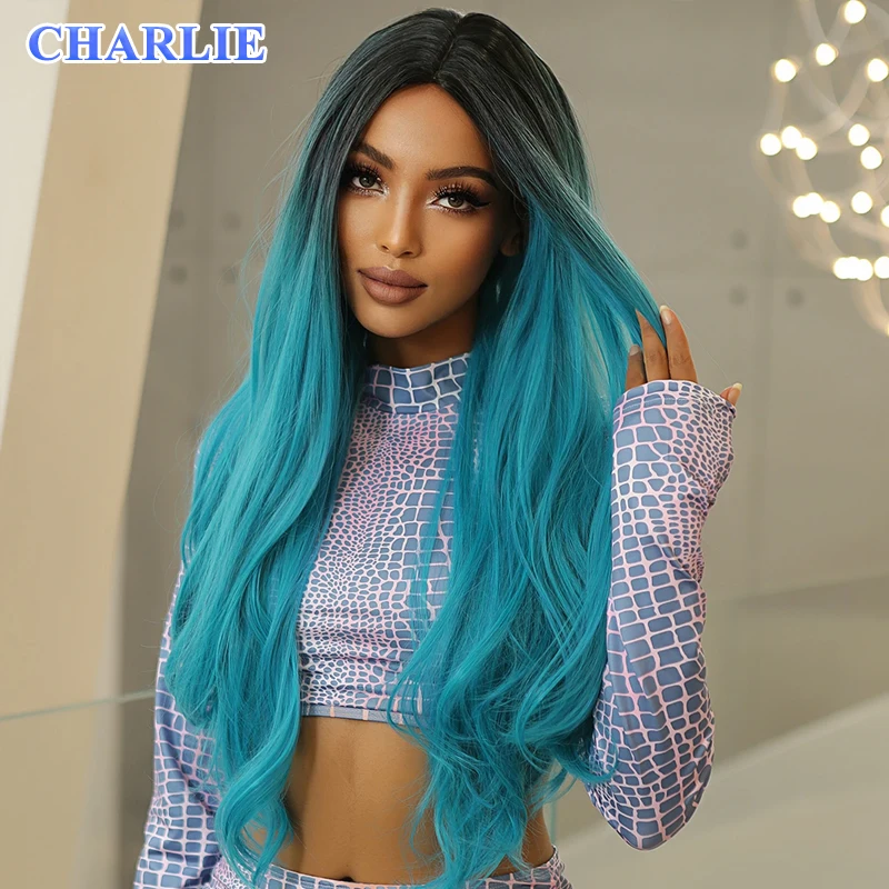 Blue Ombre Long Wavy Synthetic Wigs for Women Cosplay Wig Body Wave Natural Hair Wigs Party Use Heat Resistant Pre Plucked