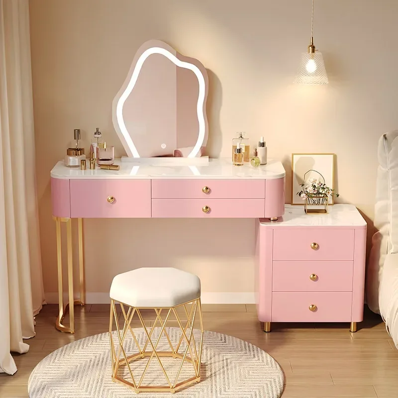 

Princess Pink Dressing Table Vanity Organizer Luxury Nordic Dressing Table Led Light Kawaii Tocador Maquillaje Furniture Makeup