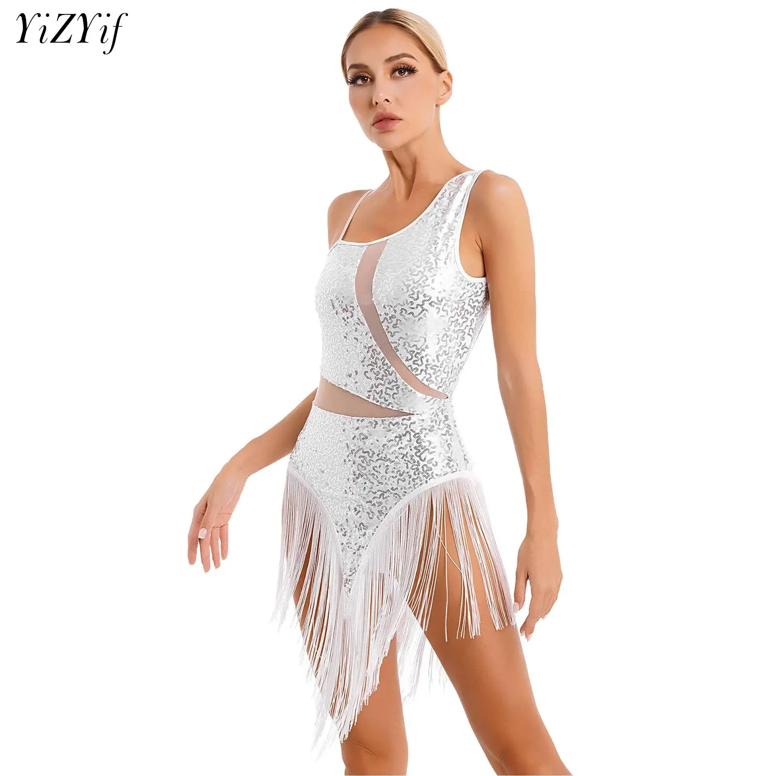 

Womens Latin Dance Performance Dress Sparkling Fringed Leotard Mesh Tango Rumba Cha-Cha Samba Jazz Stage Competition Costume