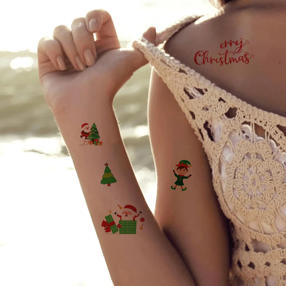 Waterproof Cartoon Tattoo Stickers for Christmas Body Stickers Christmas Trees Temporary Tattoos Santa Claus Snowman Fake Tattoo