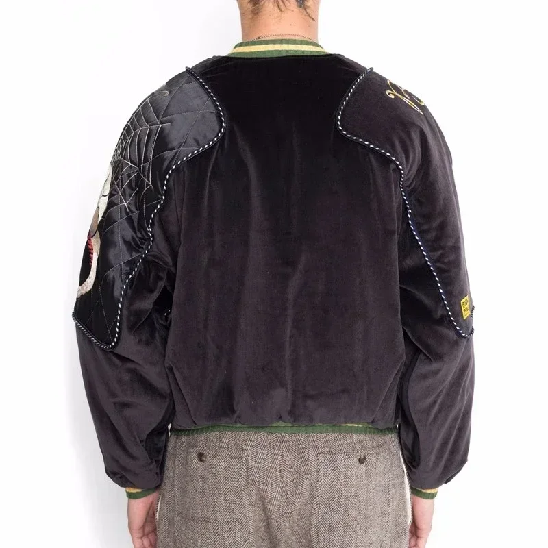 Kapital Black Jackets Streetwear Embroidery Men Women Best Quality Oversized Velvet Flight Jacket